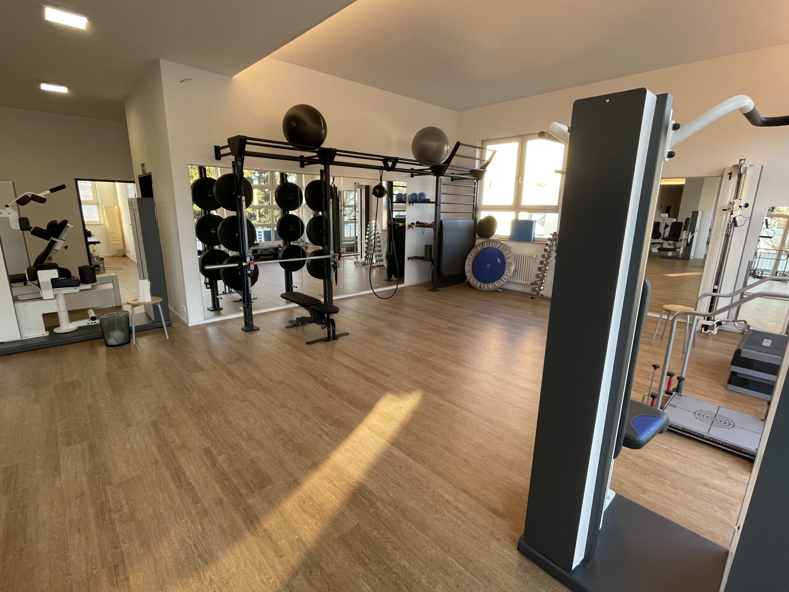 Trainingsbereich mit Freihanteln und Functional-Training-Geräten